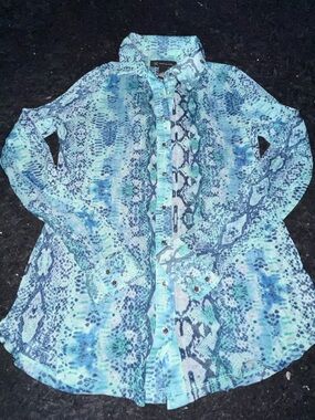 INC International Concepts Teal and Navy Snakeskin Print Top